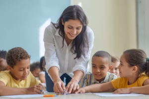 A parent-teacher conversation in a school setting.